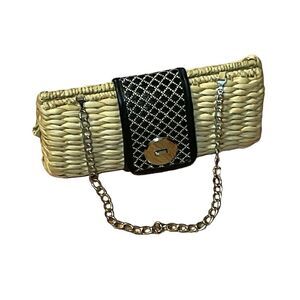 Woven Grass Handbag with Chain Strap, neutral, black, silver